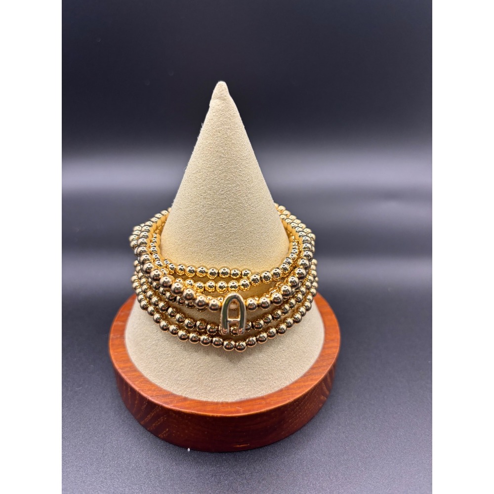 Gold Tone Beaded Stretch Bracelet Stack Set 4pc Initial A‎ Charm Polished 2232